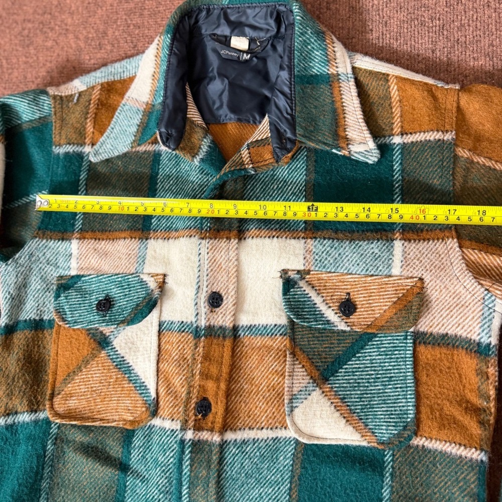 A- Vintage JCPenney Plaid Flannel Shirt Jacket Green Brown Quilted Lined Mens M - Picture 3 of 8